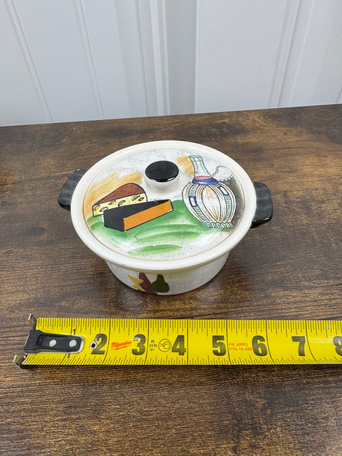 Vintage Capri by Royal Sealy Mini Casserole Dish Set (8-Piece, 1960s Japan) — Hand-Painted Wine & Cheese Motif