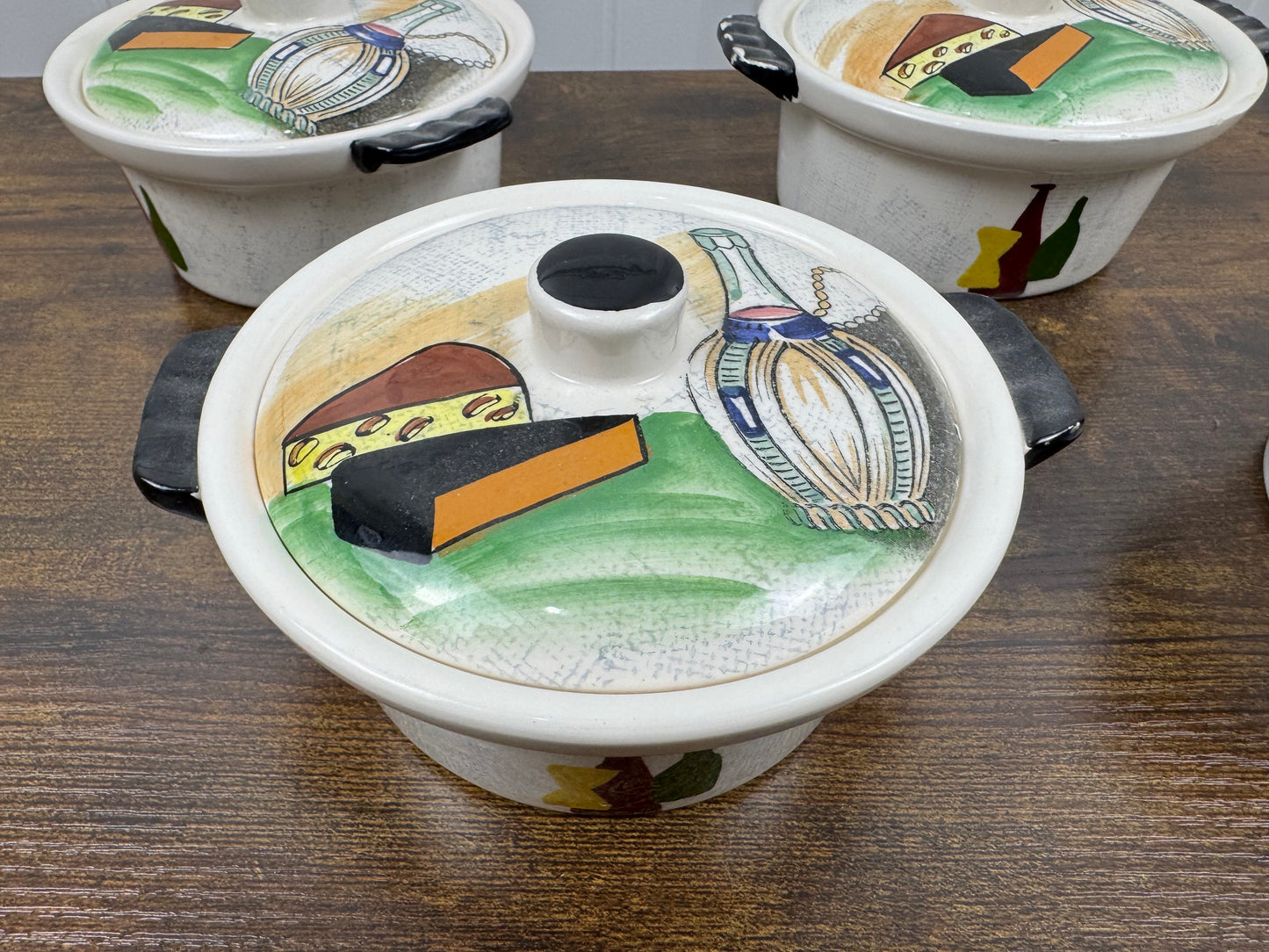Vintage Capri by Royal Sealy Mini Casserole Dish Set (8-Piece, 1960s Japan) — Hand-Painted Wine & Cheese Motif