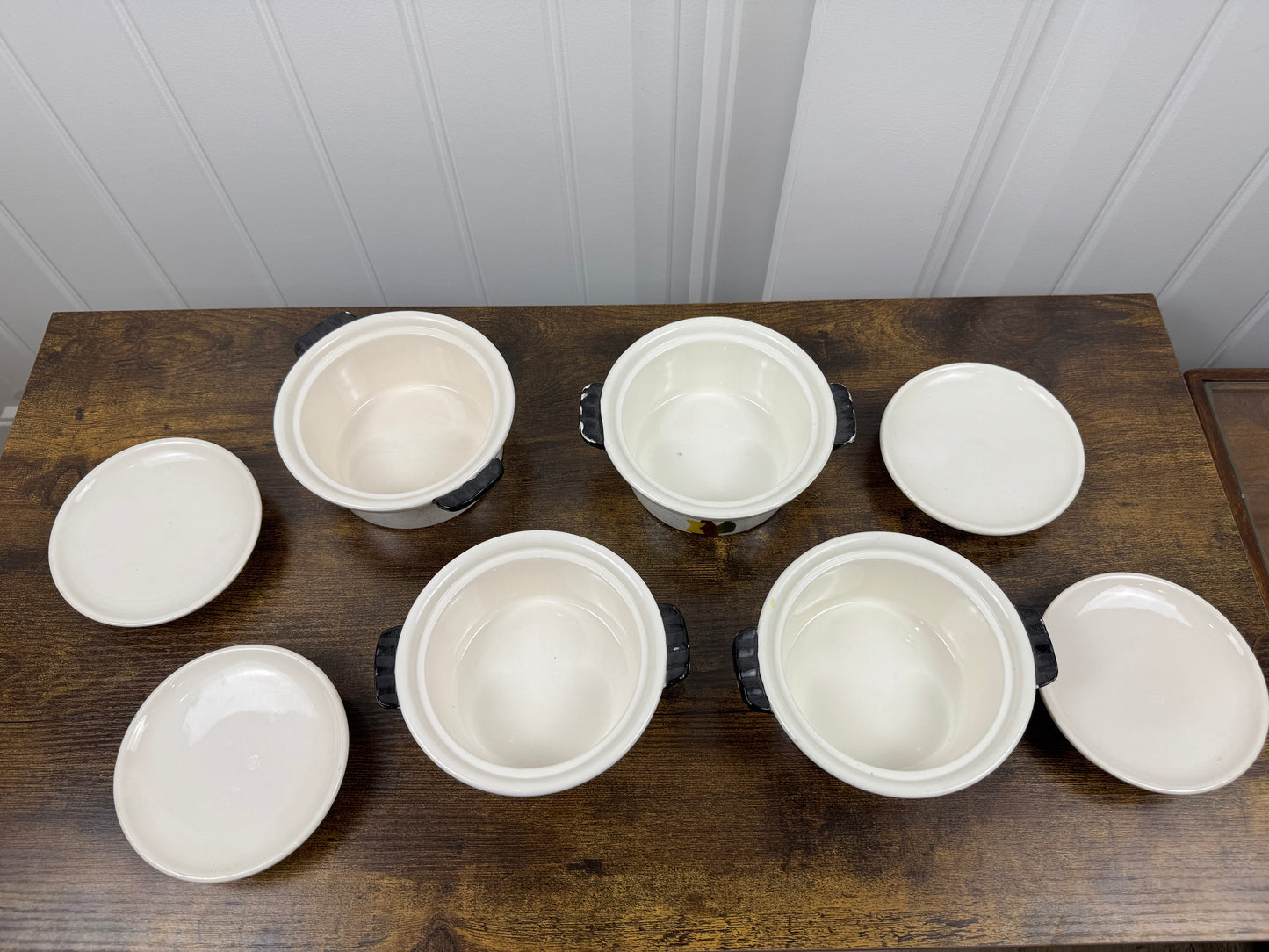 Vintage Capri by Royal Sealy Mini Casserole Dish Set (8-Piece, 1960s Japan) — Hand-Painted Wine & Cheese Motif