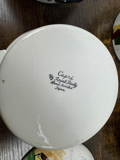 Vintage Capri by Royal Sealy Mini Casserole Dish Set (8-Piece, 1960s Japan) — Hand-Painted Wine & Cheese Motif