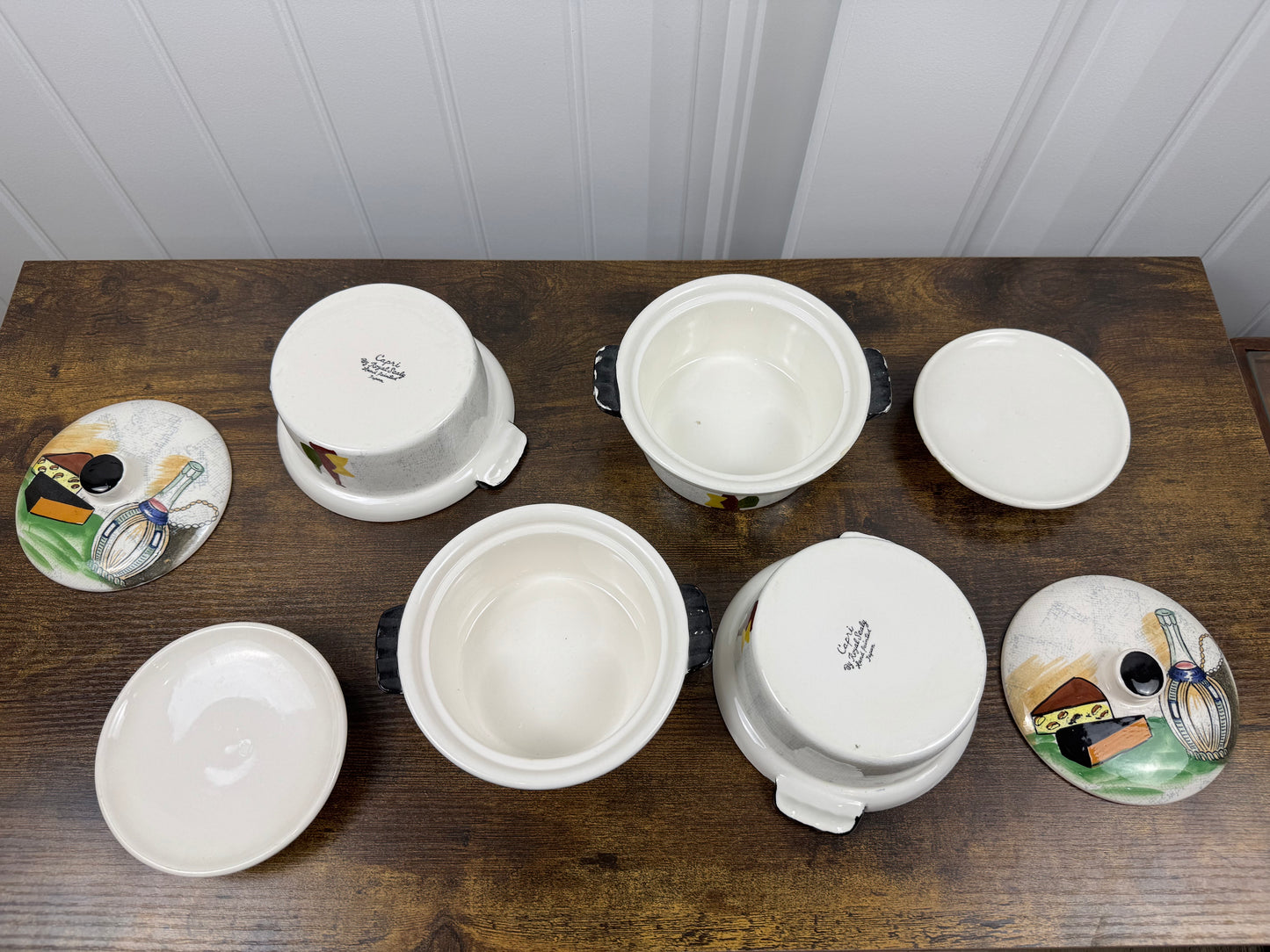 Vintage Capri by Royal Sealy Mini Casserole Dish Set (8-Piece, 1960s Japan) — Hand-Painted Wine & Cheese Motif