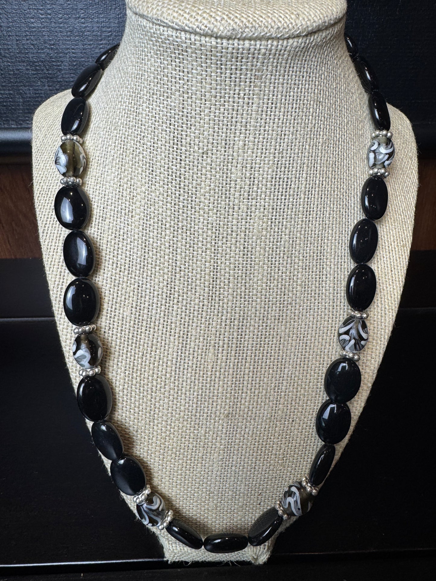 Black Onyx Oval Bead with Black Swirl Bead Necklace
