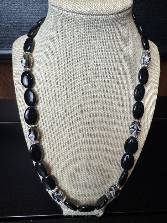 Black Onyx Oval Bead with Black Swirl Bead Necklace
