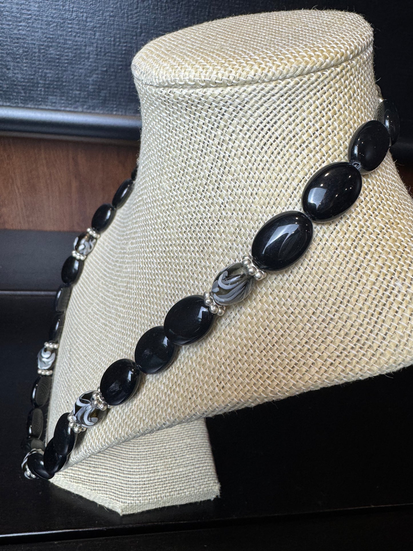 Black Onyx Oval Bead with Black Swirl Bead Necklace