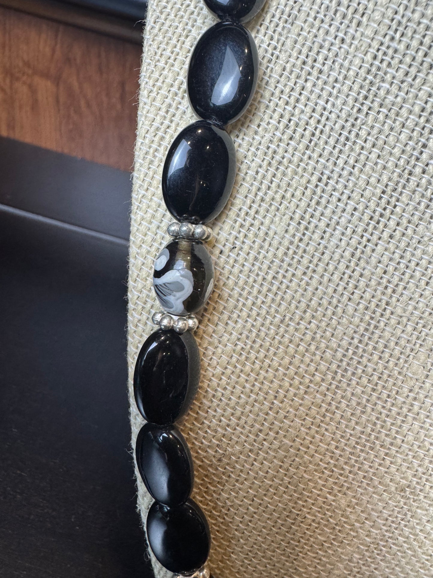 Black Onyx Oval Bead with Black Swirl Bead Necklace