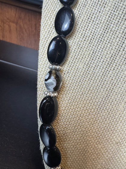 Black Onyx Oval Bead with Black Swirl Bead Necklace