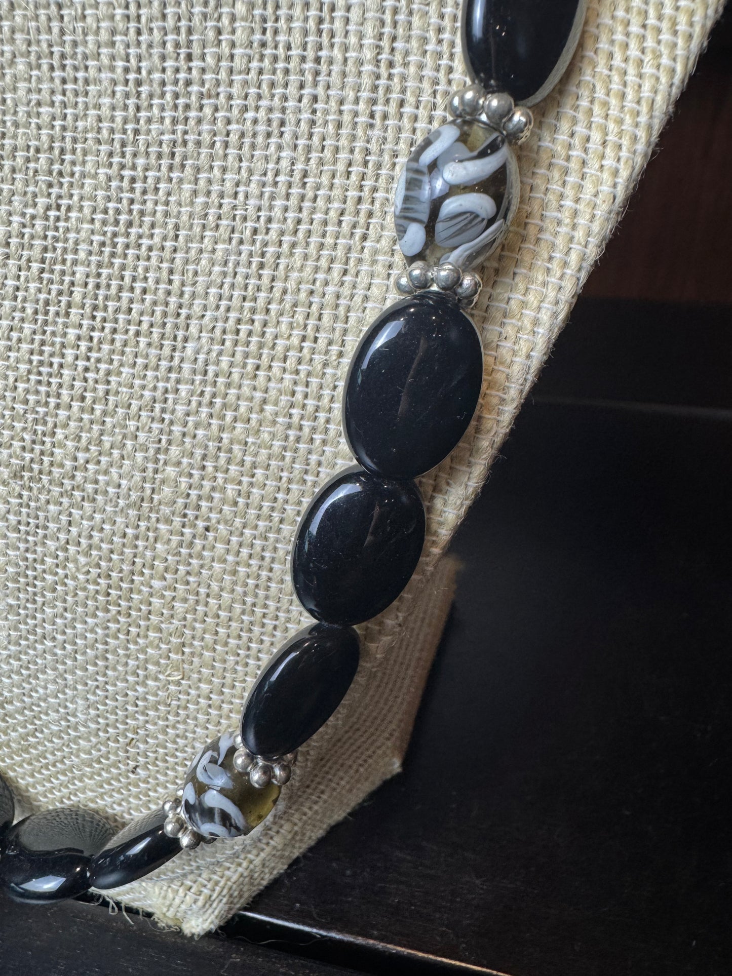 Black Onyx Oval Bead with Black Swirl Bead Necklace