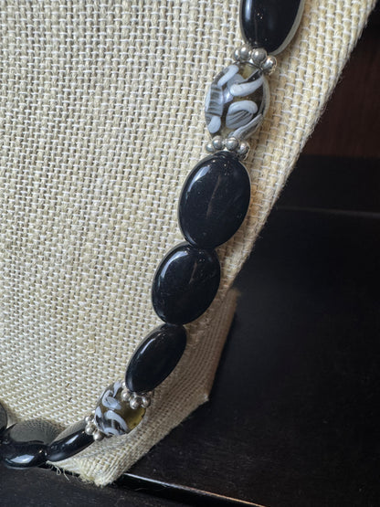 Black Onyx Oval Bead with Black Swirl Bead Necklace