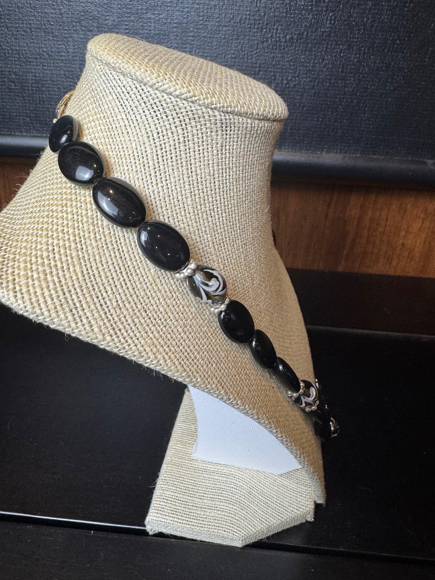 Black Onyx Oval Bead with Black Swirl Bead Necklace
