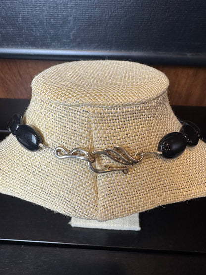 Black Onyx Oval Bead with Black Swirl Bead Necklace