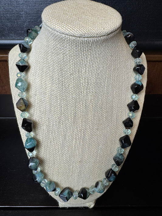 Blue Amazonite and Smokey Quartz Diamond Shaped Beaded Necklace