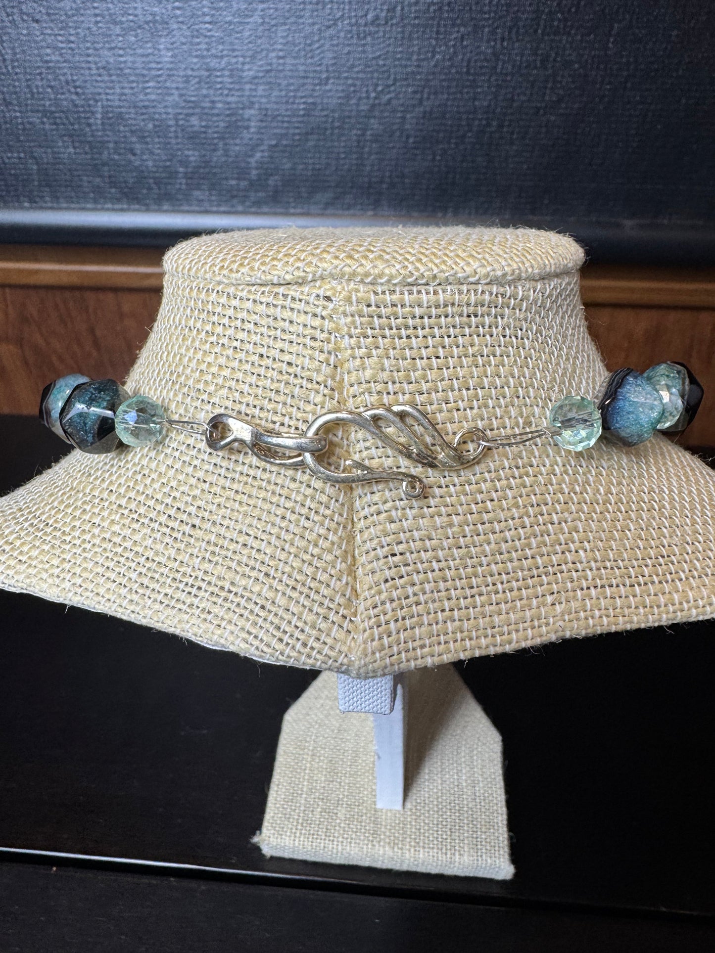 Blue Amazonite and Smokey Quartz Diamond Shaped Beaded Necklace