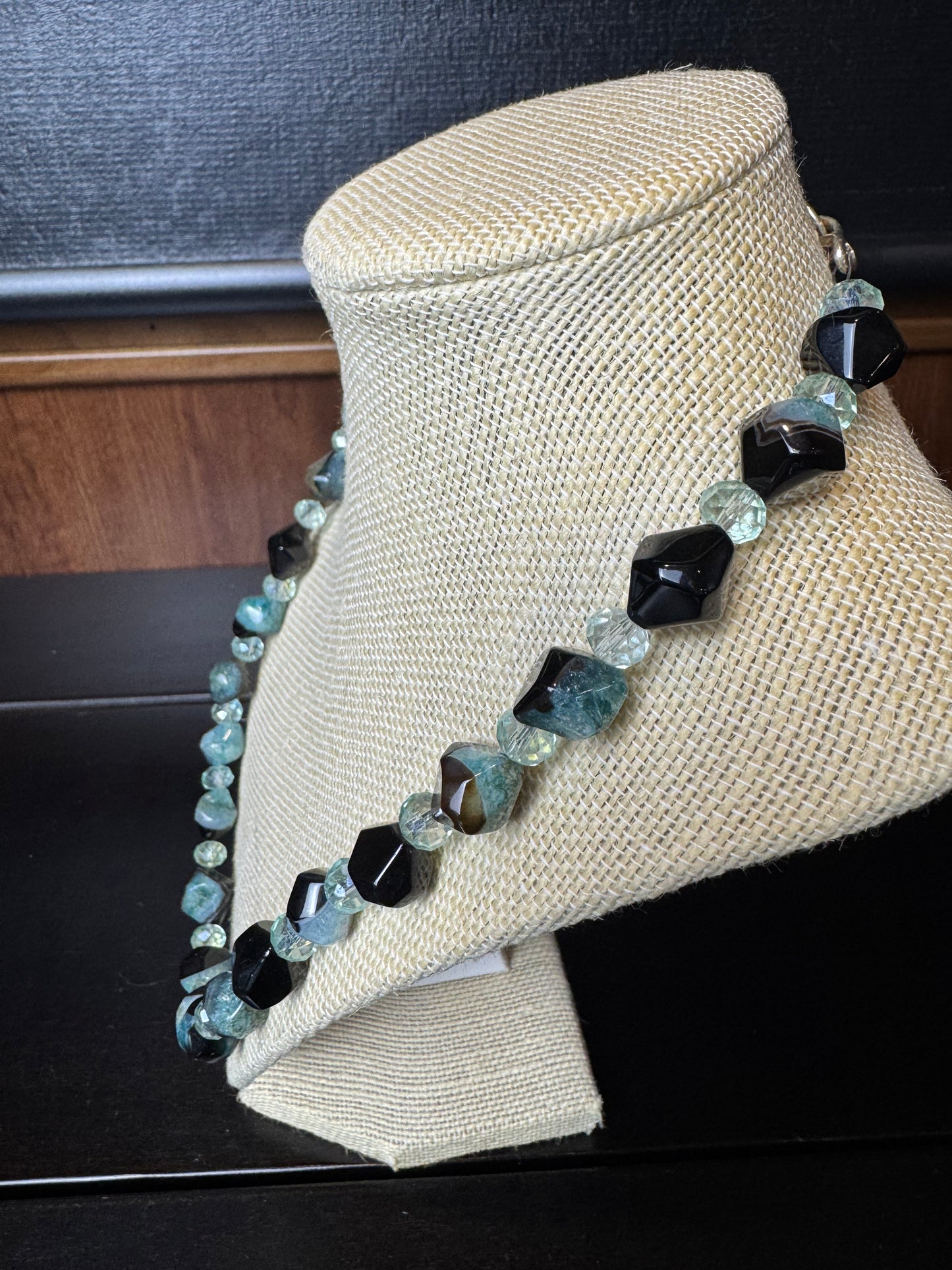 Blue Amazonite and Smokey Quartz Diamond Shaped Beaded Necklace