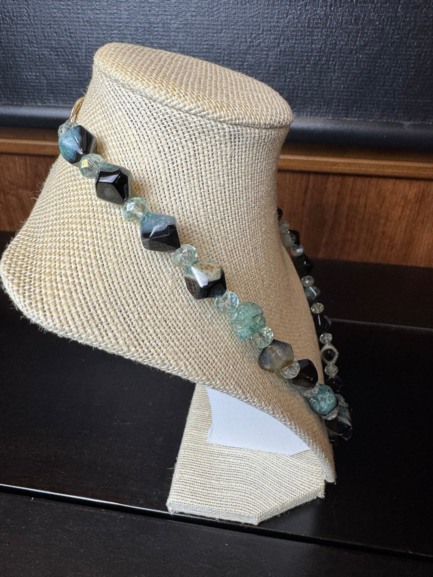 Blue Amazonite and Smokey Quartz Diamond Shaped Beaded Necklace