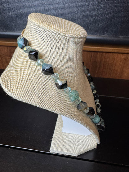 Blue Amazonite and Smokey Quartz Diamond Shaped Beaded Necklace