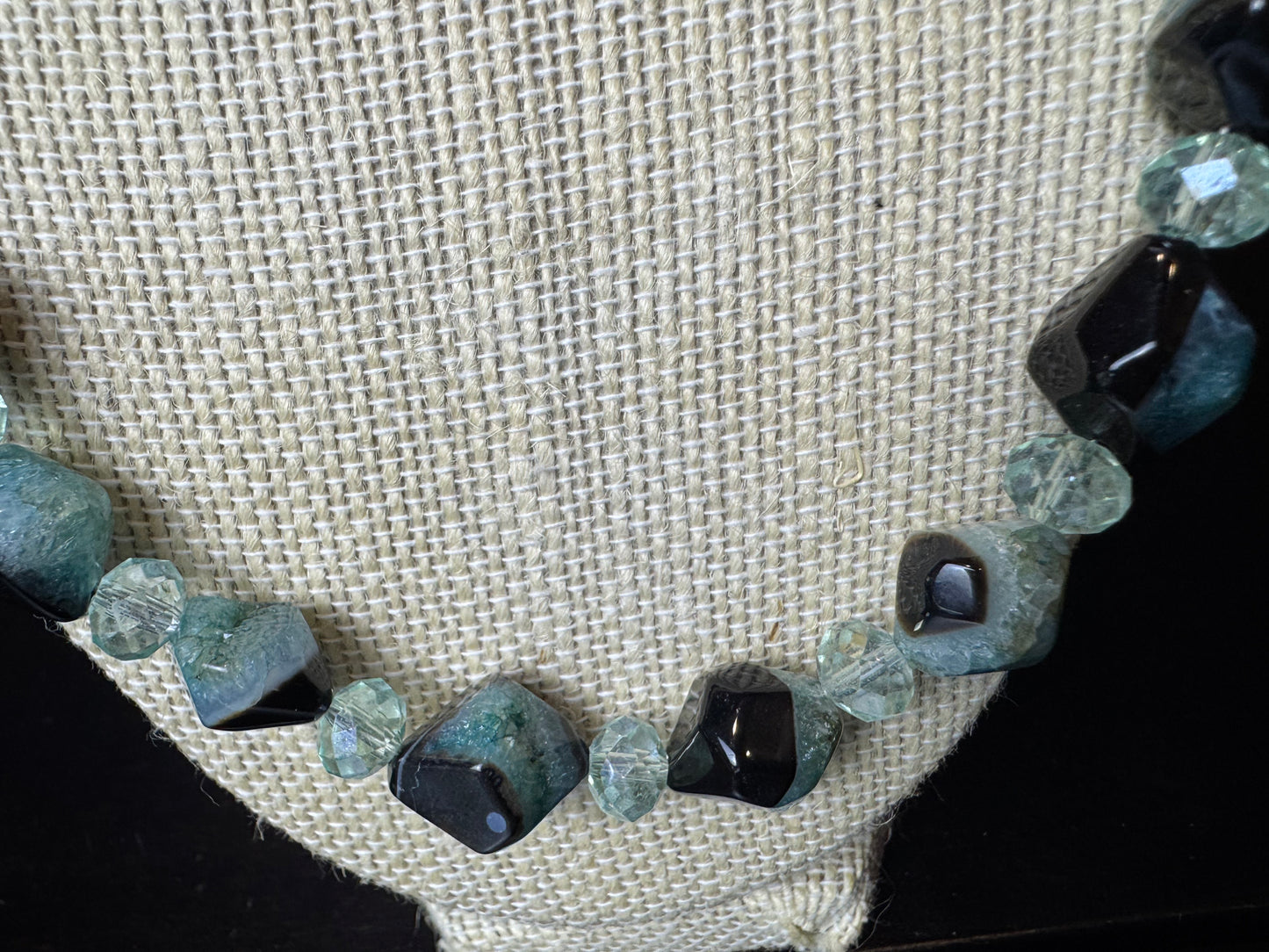 Blue Amazonite and Smokey Quartz Diamond Shaped Beaded Necklace