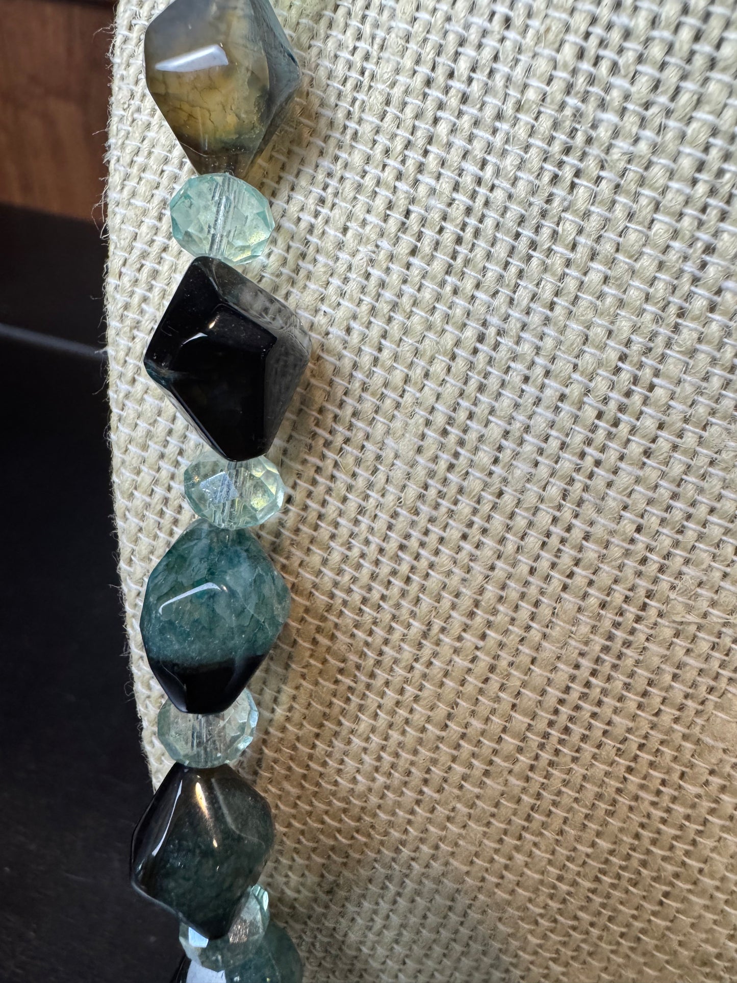 Blue Amazonite and Smokey Quartz Diamond Shaped Beaded Necklace