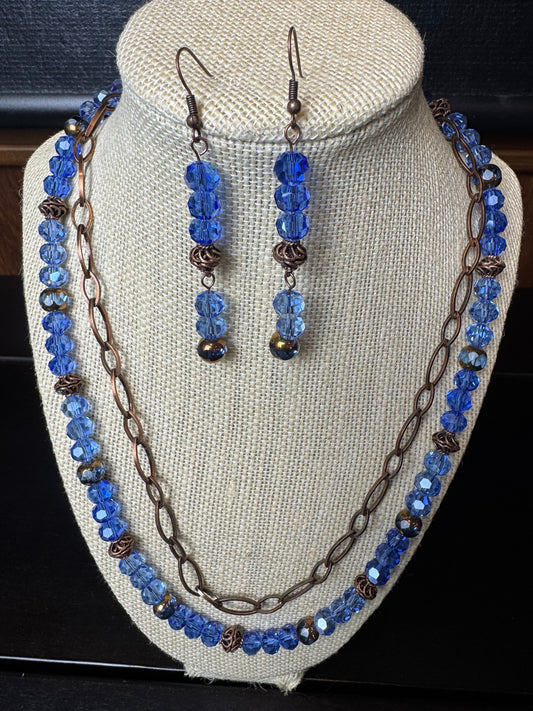 Blue Glass and Copper Necklace and Earrings Set