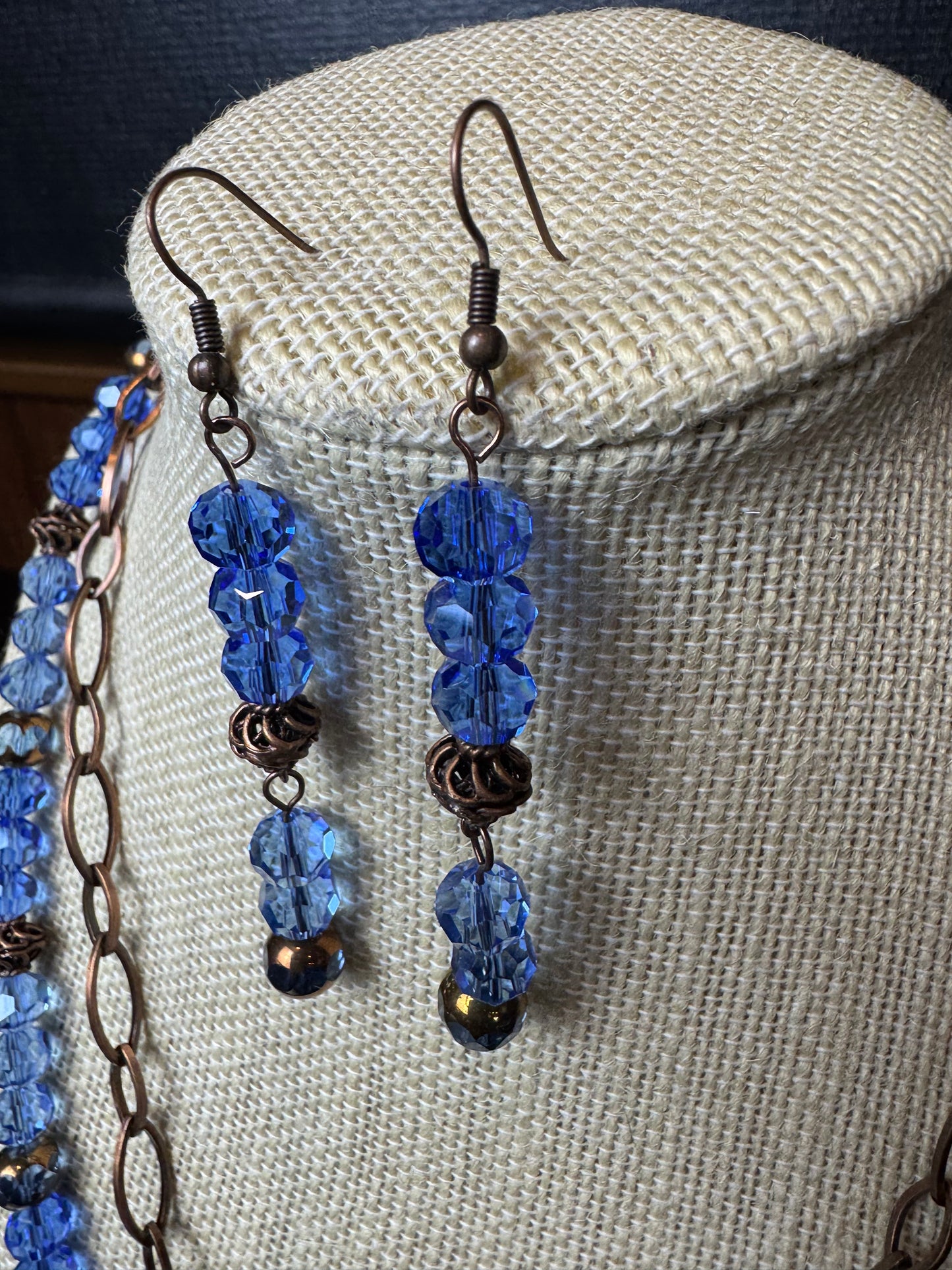 Blue Glass and Copper Necklace and Earrings Set