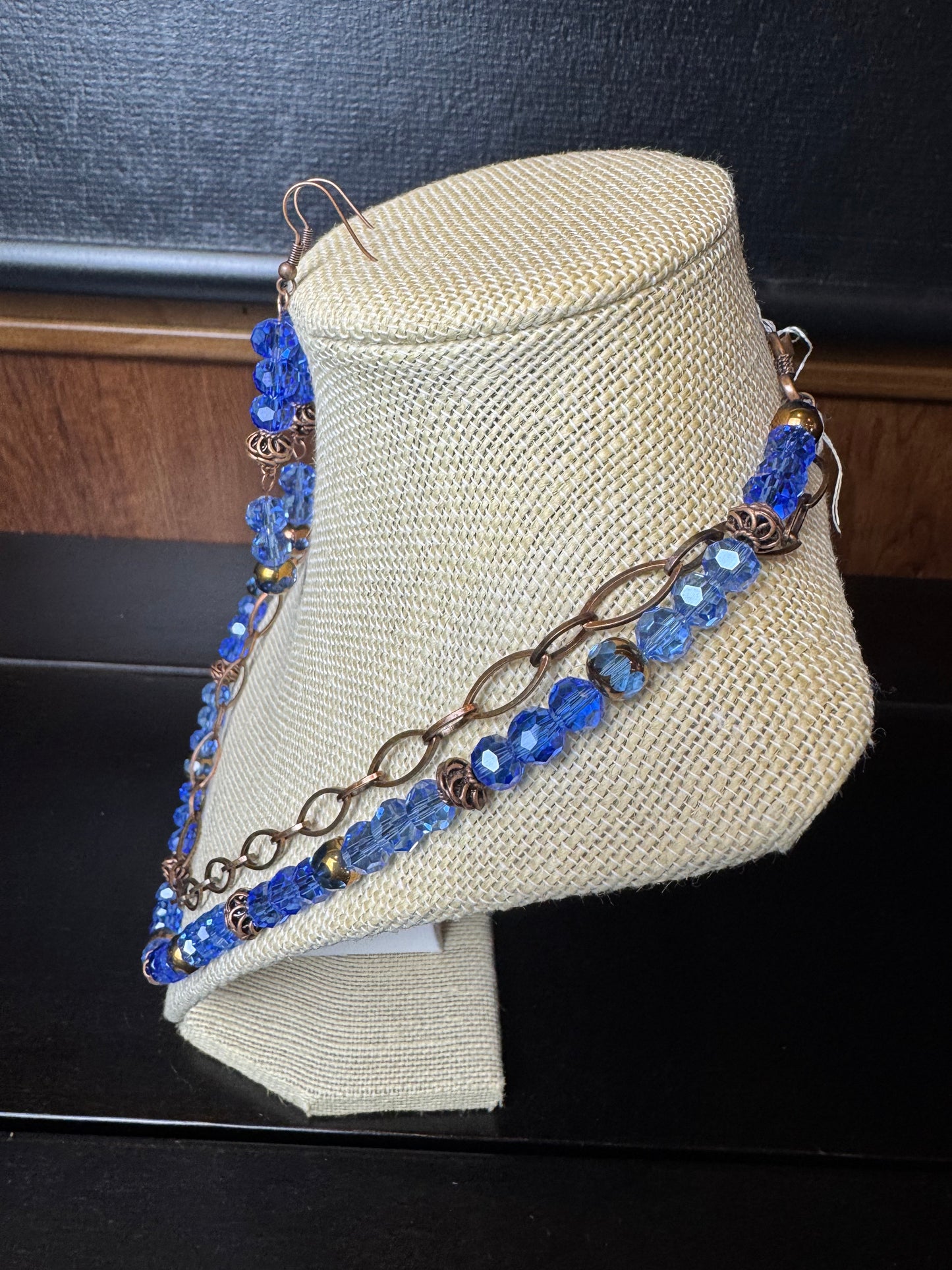 Blue Glass and Copper Necklace and Earrings Set