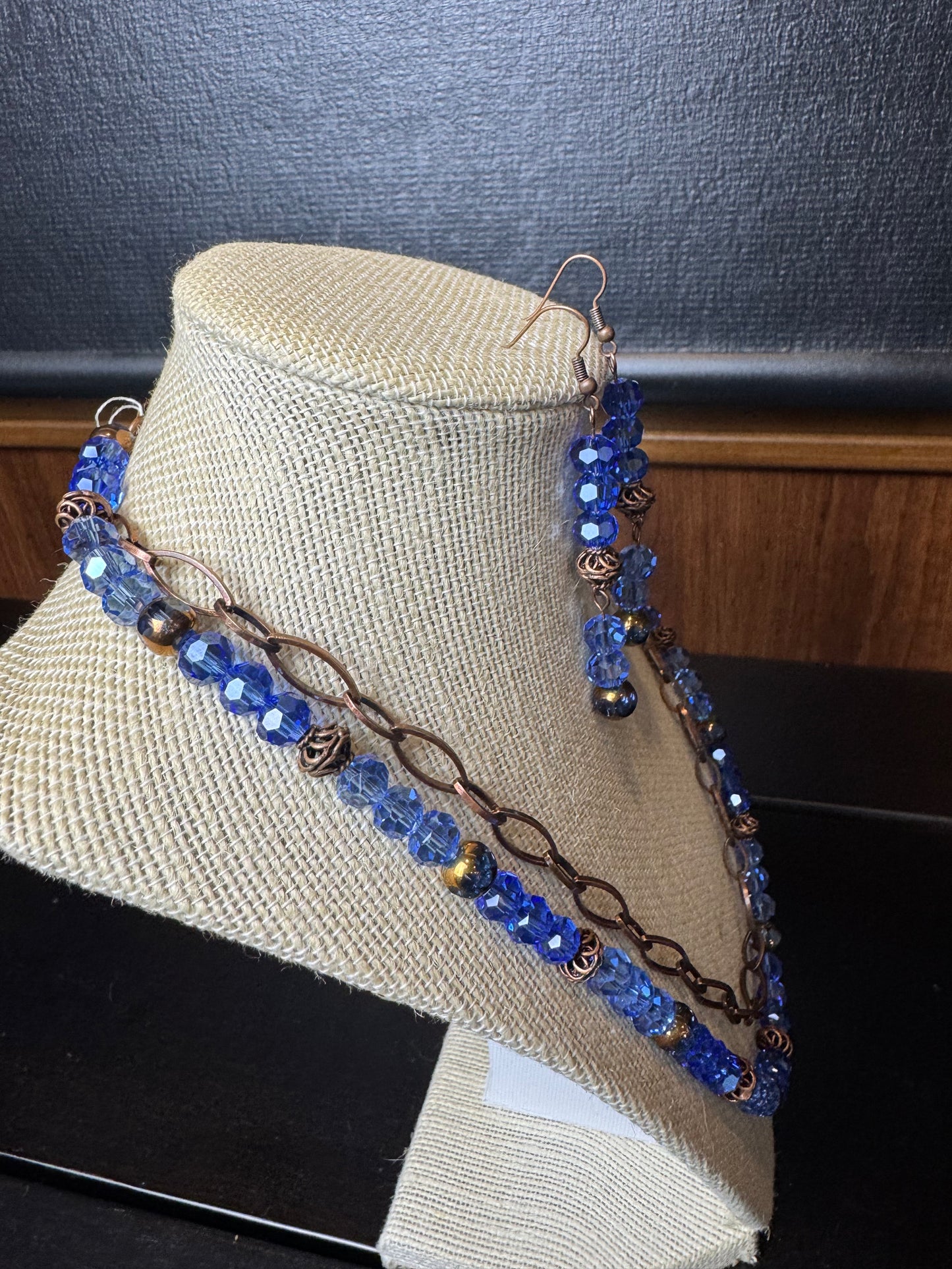 Blue Glass and Copper Necklace and Earrings Set