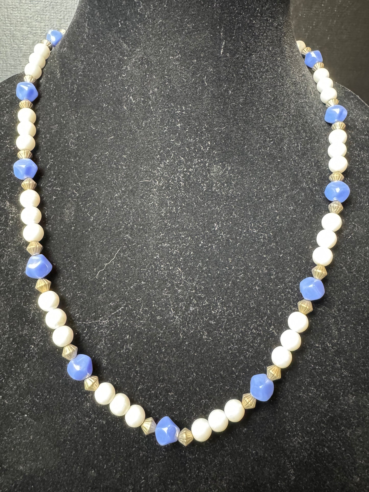 Handmade Vintage Blue, White & Gold Bead Necklace