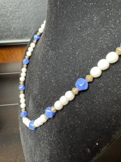 Handmade Vintage Blue, White & Gold Bead Necklace