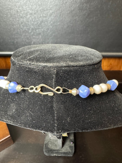 Handmade Vintage Blue, White & Gold Bead Necklace