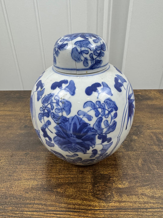 Vintage Cobalt and White Ginger Jar