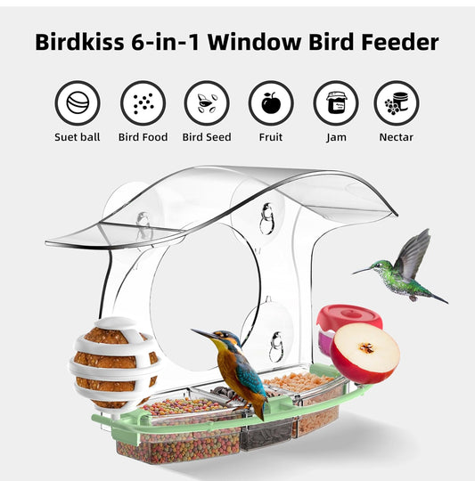 Window Bird Feeders with Strong Suction Cups, 6-in-1 Large Transparent Birdhouse Feeder for Outdoors, Attract Birds, Bird Watching for Cats and Kids, Easy-to-Clean, Ideal Present for Family