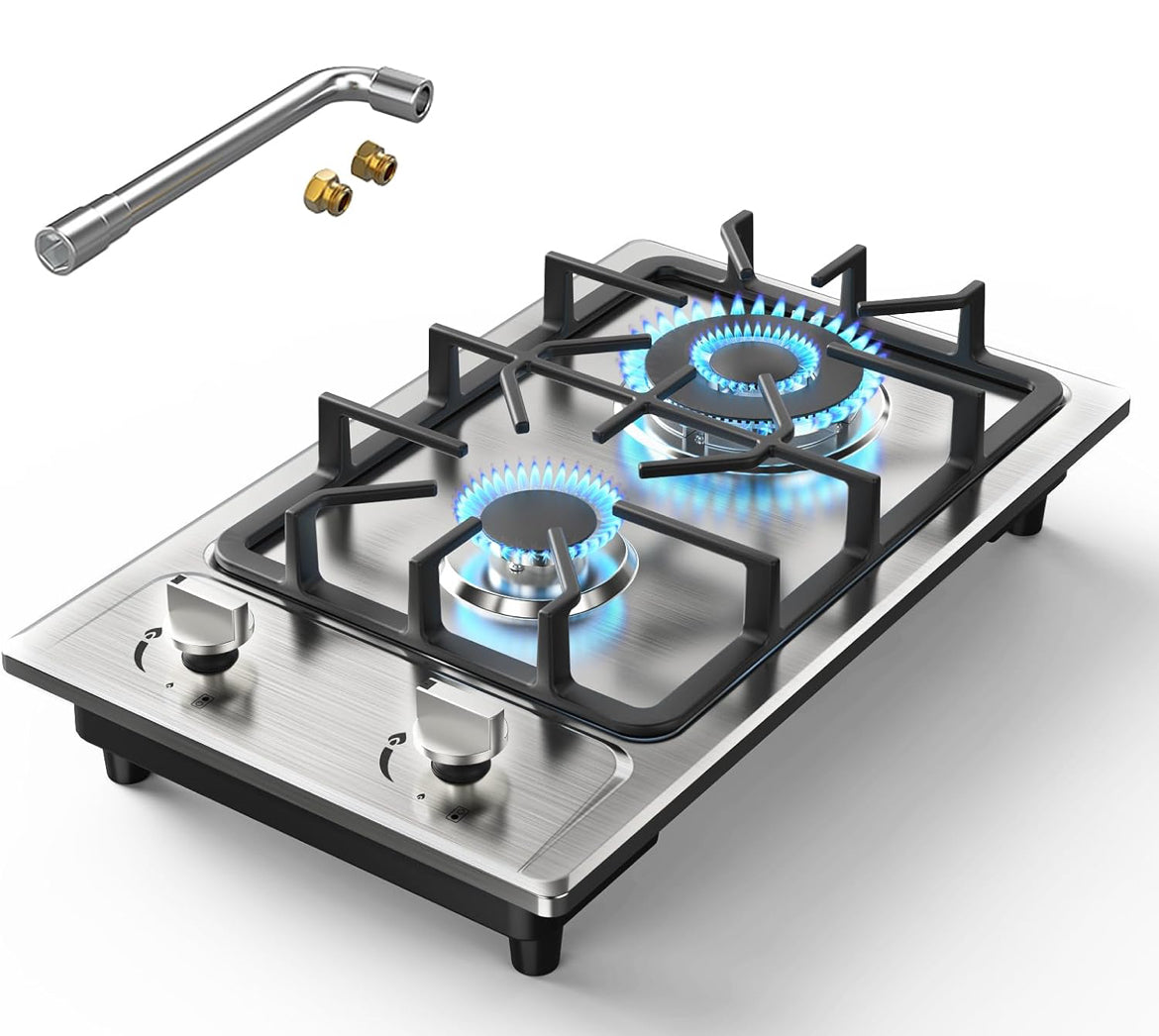 Gas Stove 2 Burner,Propane Cooktop 12 inch, Nafewin Portable Gas Cooktop Stainless Steel Gas Burner with Thermocouple Protection, Lpg/Ng Dual Fuel Built-in Gas Stove Top for Apartments, Outdoor, Rvs