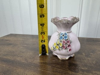 Vintage Pink Crown Fine China Vase – 5" – Floral Appliqué & Gold Gilt