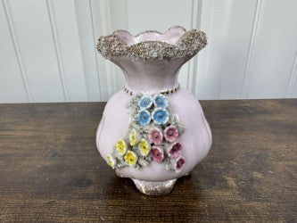 Vintage Pink Crown Fine China Vase – 5" – Floral Appliqué & Gold Gilt