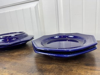 Set of 4 Vintage Cobalt Blue Octagonal Dinner Plates – 10.5" – Made in Portugal – Beaded Edge – Collectible Stoneware