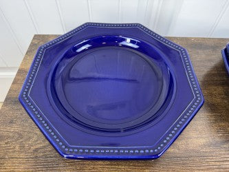 Set of 4 Vintage Cobalt Blue Octagonal Dinner Plates – 10.5" – Made in Portugal – Beaded Edge – Collectible Stoneware