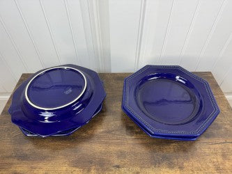Set of 4 Vintage Cobalt Blue Octagonal Dinner Plates – 10.5" – Made in Portugal – Beaded Edge – Collectible Stoneware