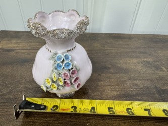 Vintage Pink Crown Fine China Vase – 5" – Floral Appliqué & Gold Gilt