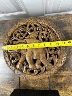 Hand-Carved Thai Elephant Wood Sculpture – 10.5" Round Panel on Stand – Global Decor from Thailand – Signature Home Collection