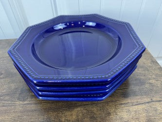 Set of 4 Vintage Cobalt Blue Octagonal Dinner Plates – 10.5" – Made in Portugal – Beaded Edge – Collectible Stoneware