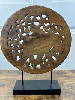 Hand-Carved Thai Elephant Wood Sculpture – 10.5" Round Panel on Stand – Global Decor from Thailand – Signature Home Collection