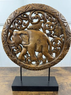 Hand-Carved Thai Elephant Wood Sculpture – 10.5" Round Panel on Stand – Global Decor from Thailand – Signature Home Collection