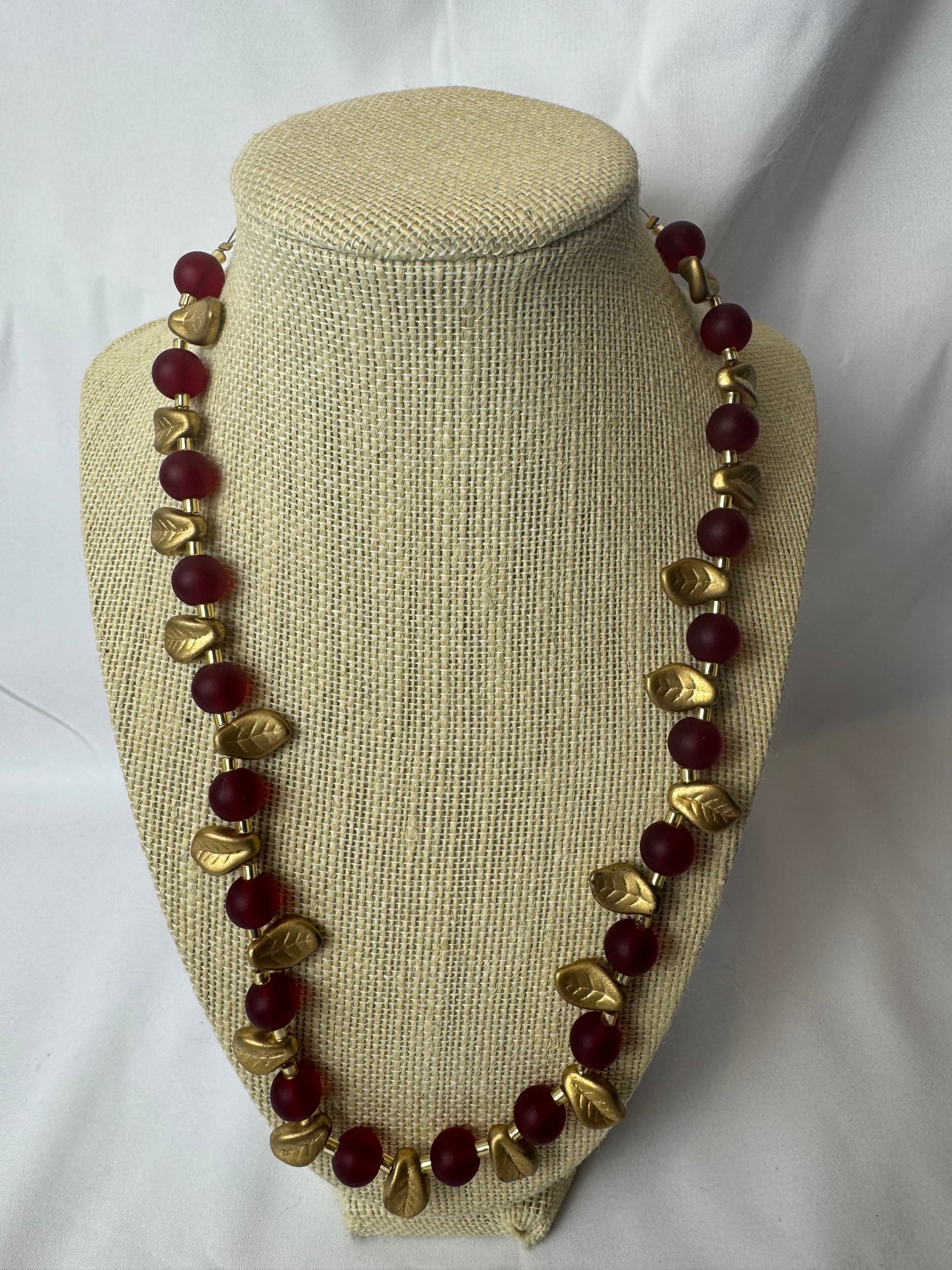Handmade Vintage Red Glass Bead Necklace with Gold Leaf Accents