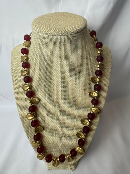 Handmade Vintage Red Glass Bead Necklace with Gold Leaf Accents