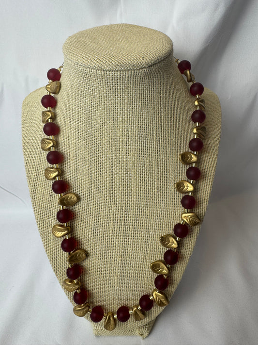 Handmade Vintage Red Glass Bead Necklace with Gold Leaf Accents