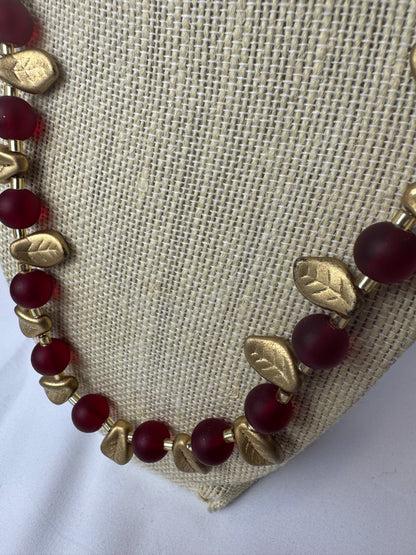 Handmade Vintage Red Glass Bead Necklace with Gold Leaf Accents