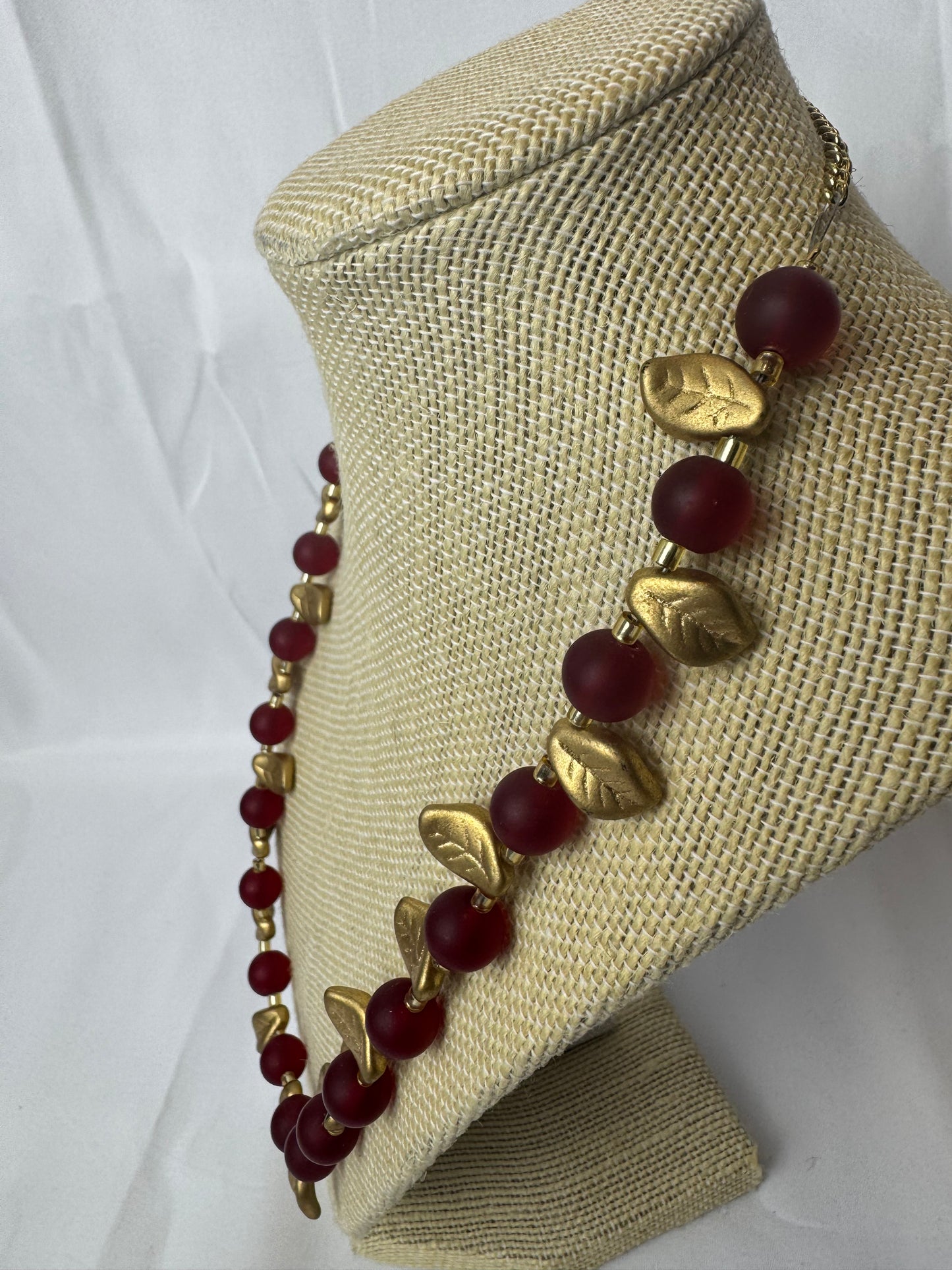 Handmade Vintage Red Glass Bead Necklace with Gold Leaf Accents