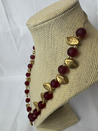 Handmade Vintage Red Glass Bead Necklace with Gold Leaf Accents
