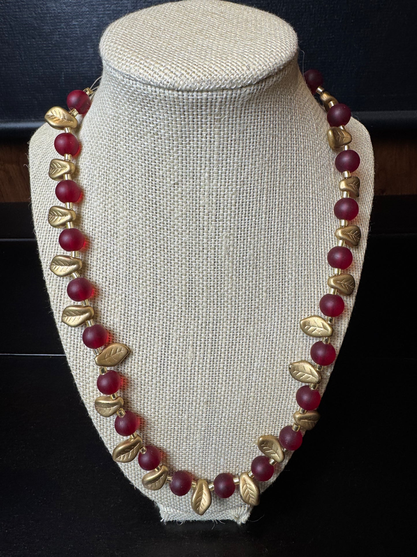 Handmade Vintage Red Glass Bead Necklace with Gold Leaf Accents