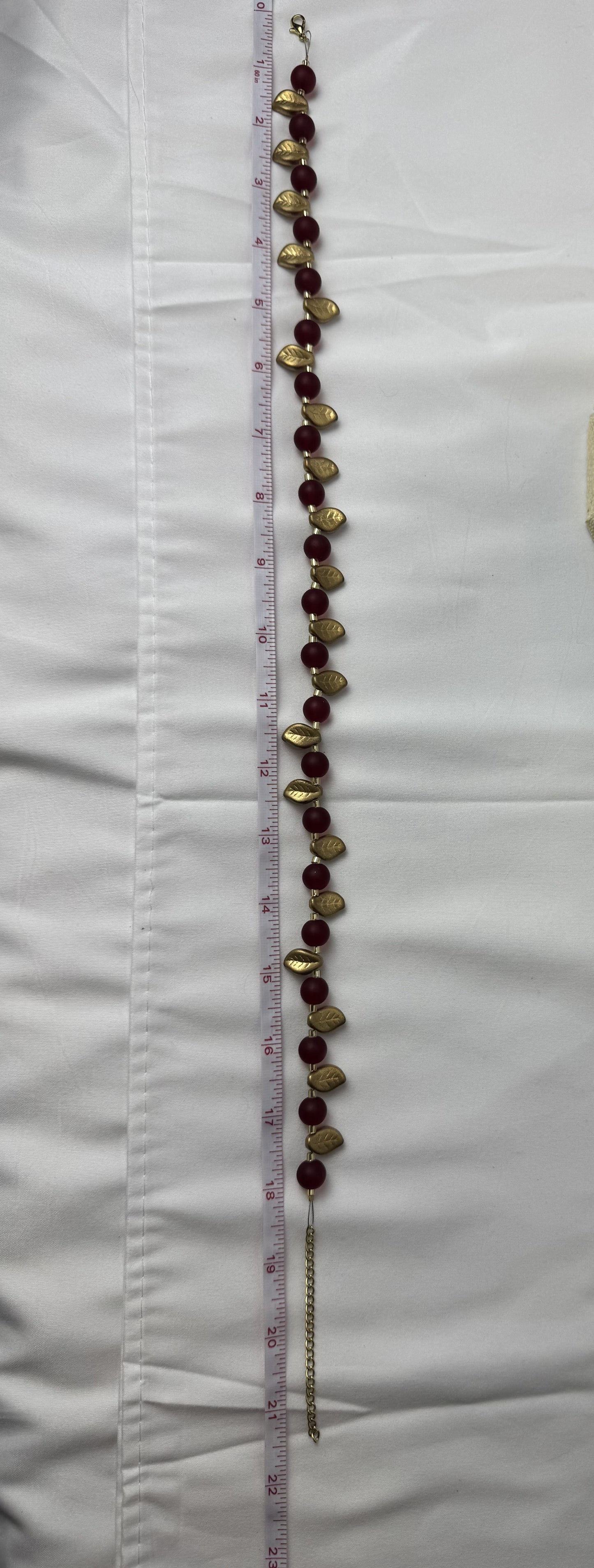 Handmade Vintage Red Glass Bead Necklace with Gold Leaf Accents