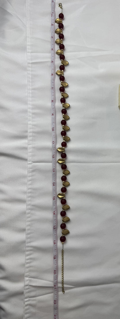 Handmade Vintage Red Glass Bead Necklace with Gold Leaf Accents